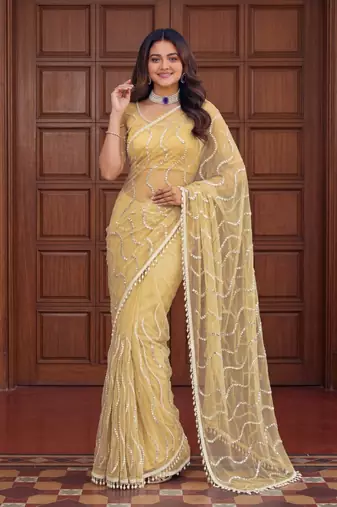 Yellow Color Beads Work Net Saree