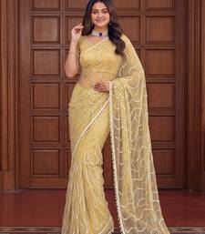 Yellow Color Beads Work Net Saree