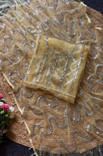 Yellow Color Beads Work Net Saree