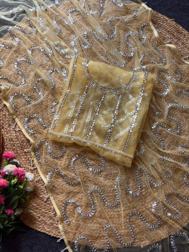 Yellow Color Beads Work Net Saree