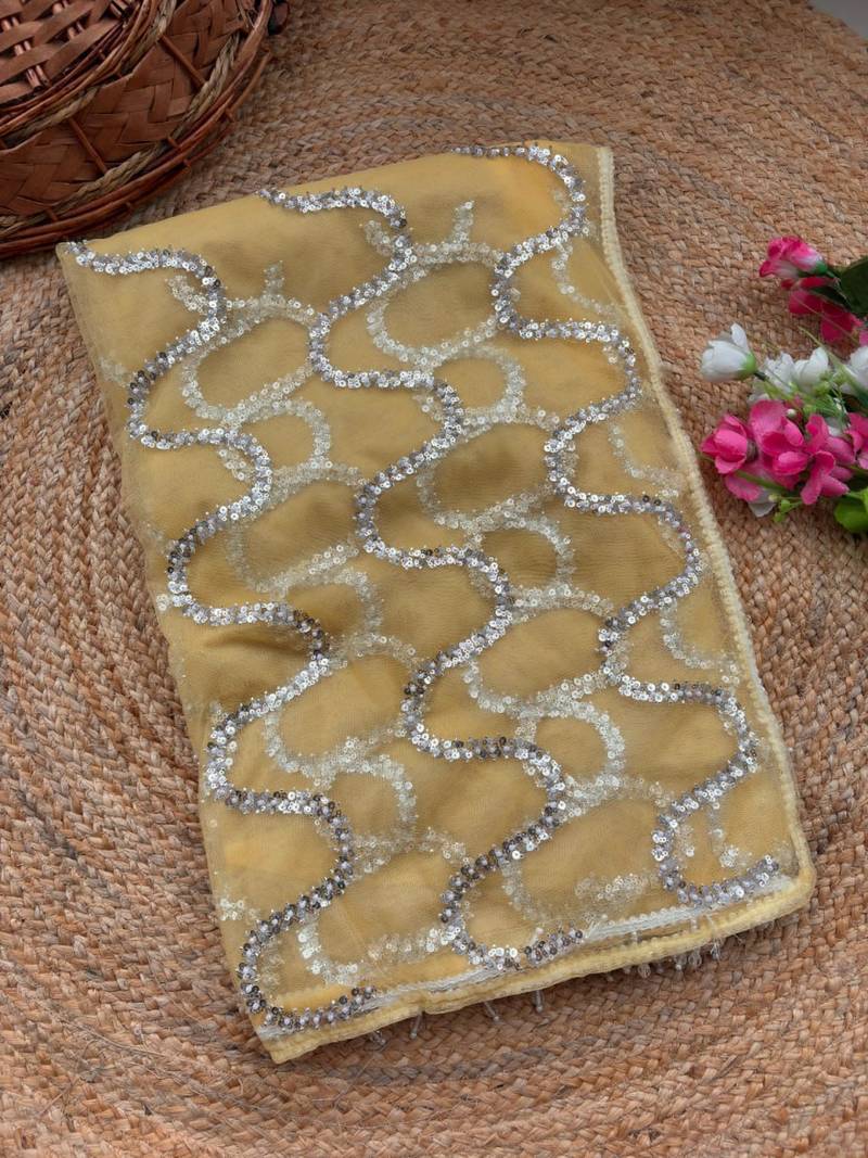 Yellow Color Beads Work Net Saree