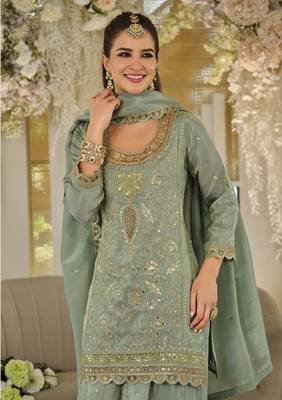 Light teal dola silk embroidered work palazzo set with dupatta 2