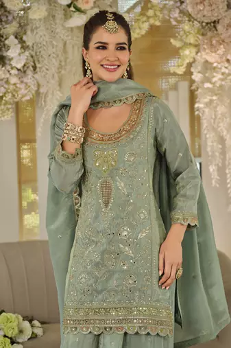 Light teal dola silk embroidered work palazzo set with dupatta