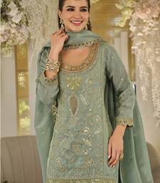 Light teal dola silk embroidered work palazzo set with dupatta