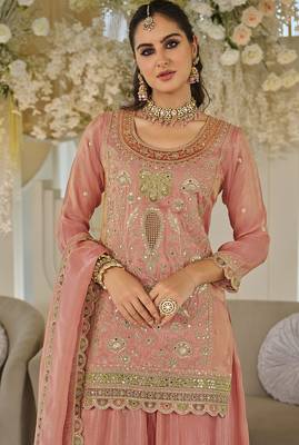 Peach dola silk embroidered work palazzo set with dupatta 2