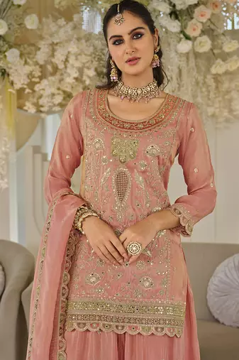 Peach dola silk embroidered work palazzo set with dupatta