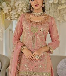 Peach dola silk embroidered work palazzo set with dupatta