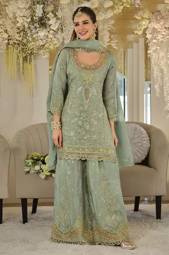 Light teal dola silk embroidered work palazzo set with dupatta