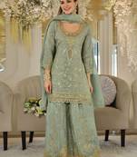 Light teal dola silk embroidered work palazzo set with dupatta