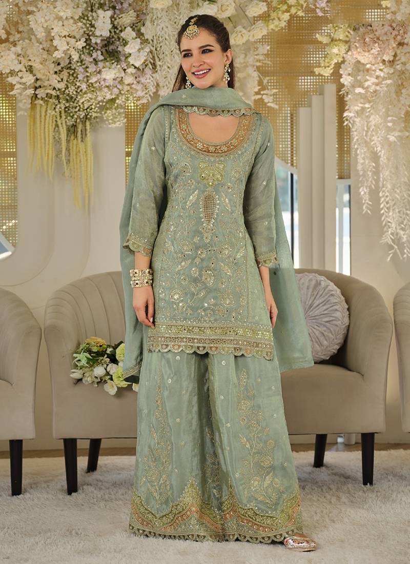 Light teal dola silk embroidered work palazzo set with dupatta
