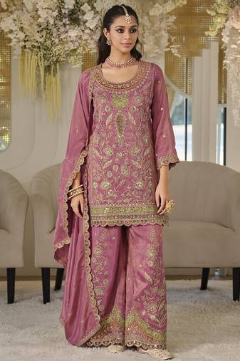 Mauve pink dola silk embroidered work palazzo set with dupatta