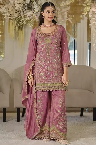 Mauve pink dola silk embroidered work palazzo set with dupatta