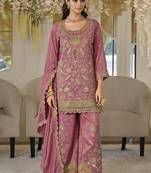 Mauve pink dola silk embroidered work palazzo set with dupatta