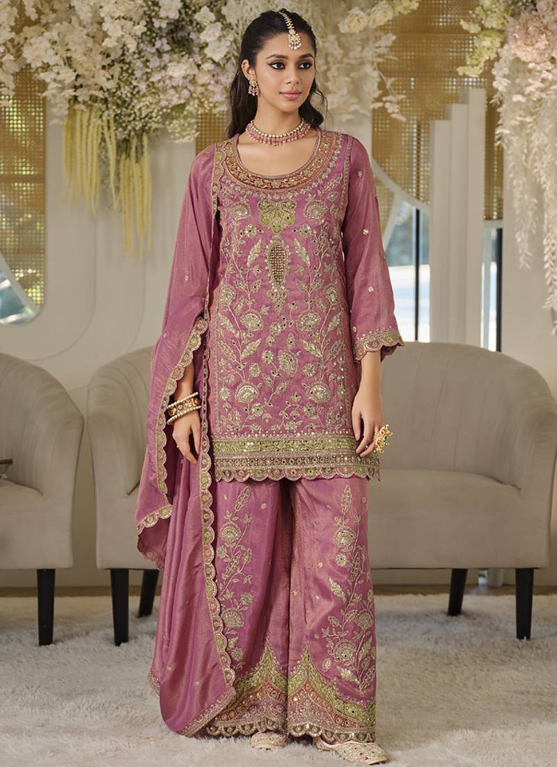 Mauve pink dola silk embroidered work palazzo set with dupatta
