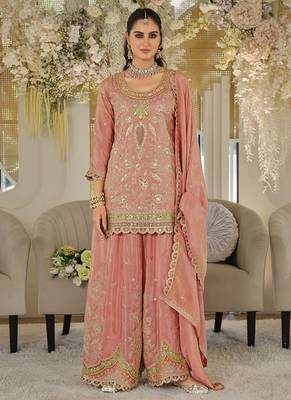 Peach dola silk embroidered work palazzo set with dupatta 1