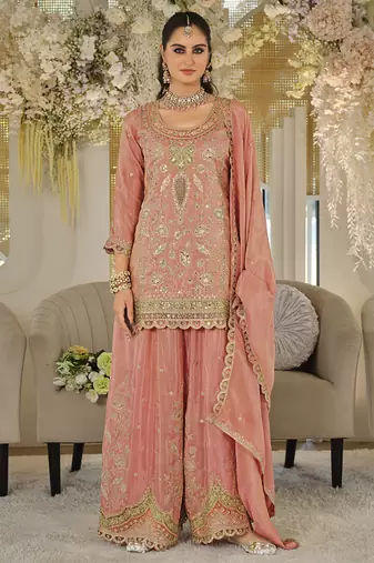 Peach dola silk embroidered work palazzo set with dupatta