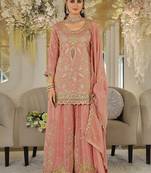 Peach dola silk embroidered work palazzo set with dupatta