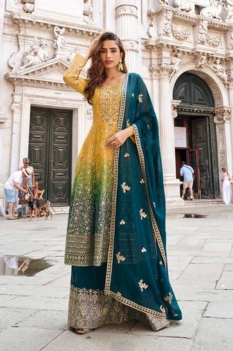 Multicolor faux georgette embroidered work sharara set with dupatta