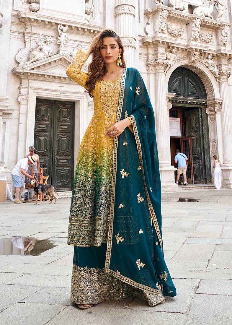 Multicolor faux georgette embroidered work sharara set with dupatta
