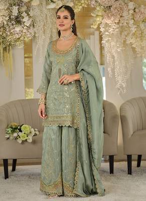 Light teal dola silk embroidered work palazzo set with dupatta 3