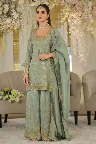 Light teal dola silk embroidered work palazzo set with dupatta