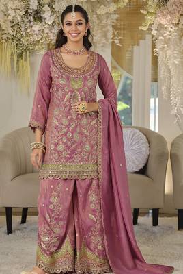 Mauve pink dola silk embroidered work palazzo set with dupatta 2