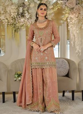 Peach dola silk embroidered work palazzo set with dupatta 3