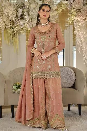 Peach dola silk embroidered work palazzo set with dupatta