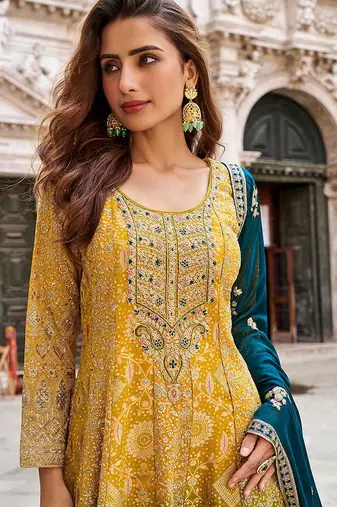 Multicolor faux georgette embroidered work sharara set with dupatta