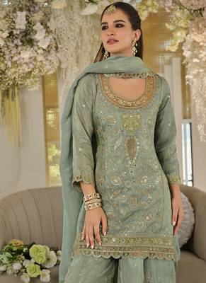 Light teal dola silk embroidered work palazzo set with dupatta 4