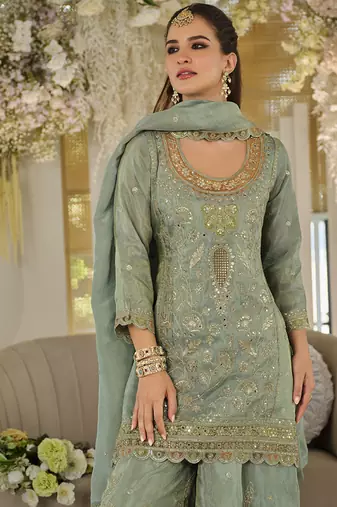 Light teal dola silk embroidered work palazzo set with dupatta