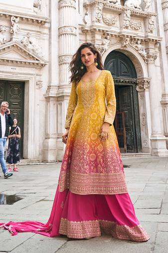 Multicolor faux georgette embroidered sharara set with dupatta