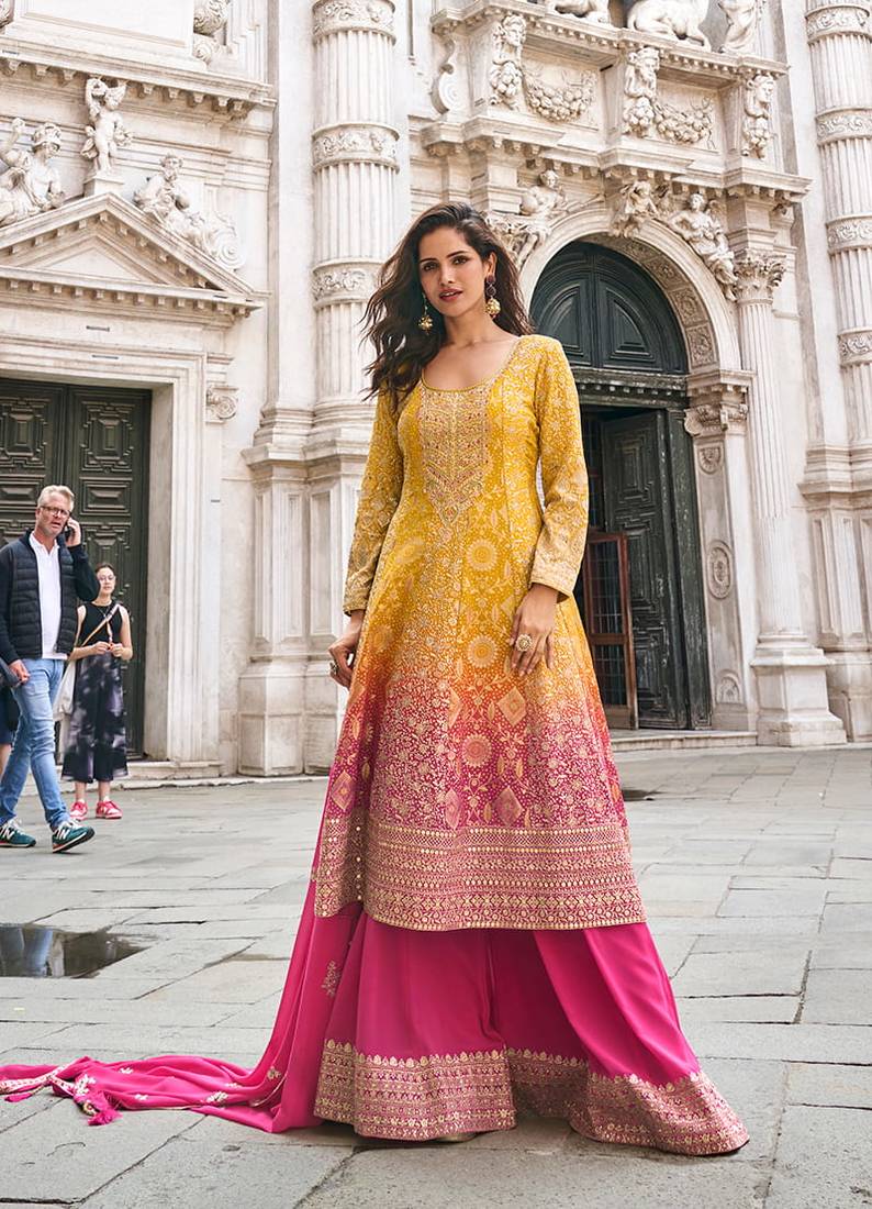 Multicolor faux georgette embroidered sharara set with dupatta