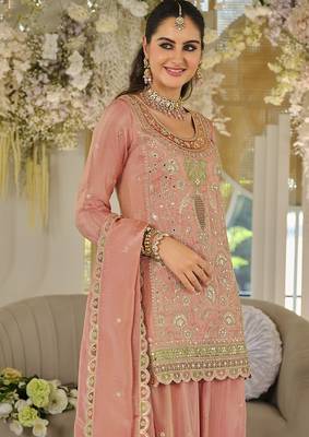 Peach dola silk embroidered work palazzo set with dupatta 4