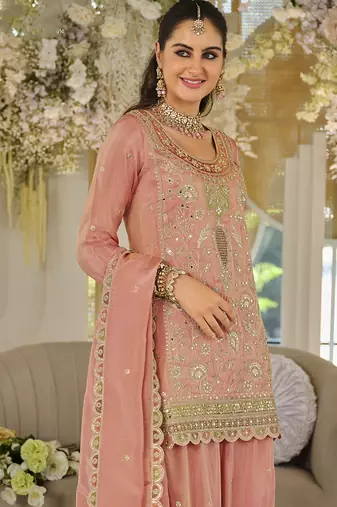 Peach dola silk embroidered work palazzo set with dupatta