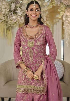 Mauve pink dola silk embroidered work palazzo set with dupatta 3
