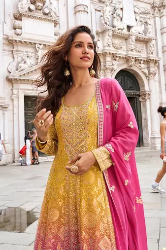 Multicolor faux georgette embroidered sharara set with dupatta