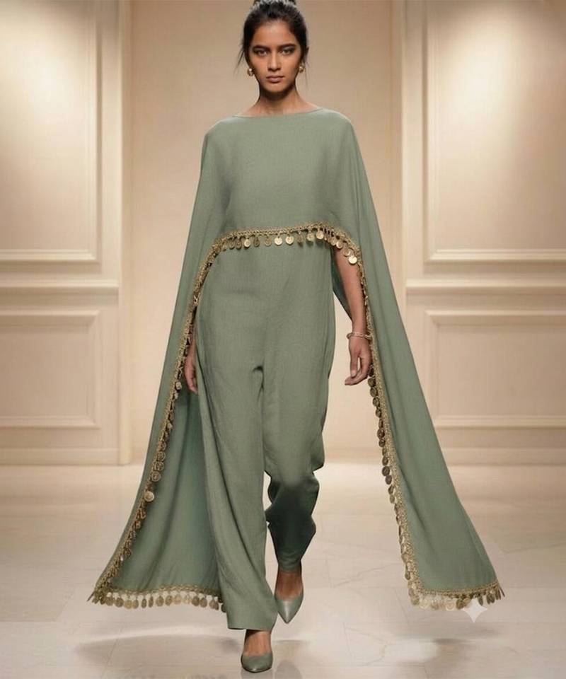 Green embroidered silk co ord set