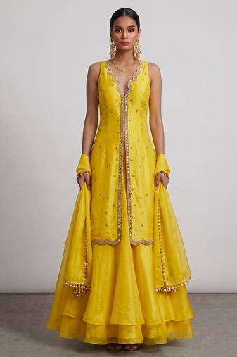 Yellow embroidered organza Lehenga set