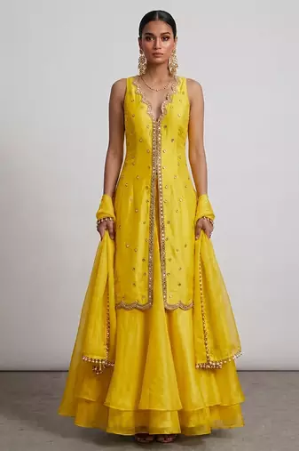 Yellow embroidered organza Lehenga set