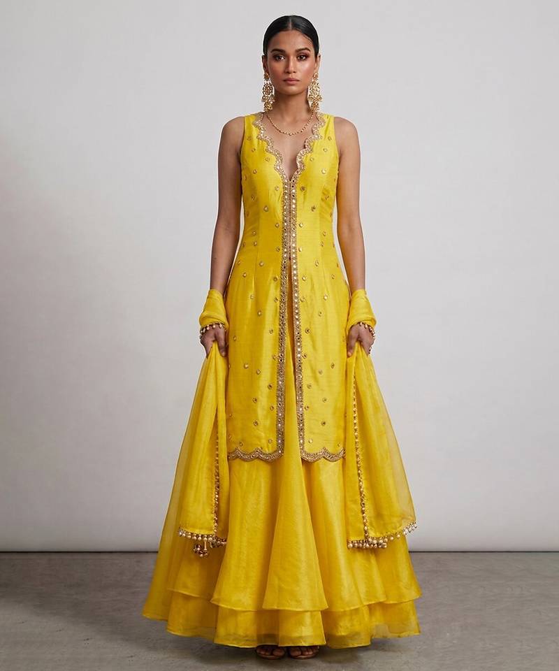 Yellow embroidered organza Lehenga set
