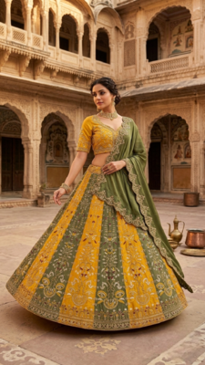 Yellow & Olive Green Embroidered Bridal Lehenga Choli for Women 1