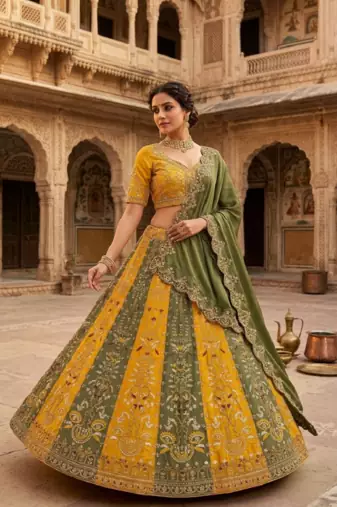 Yellow & Olive Green Embroidered Bridal Lehenga Choli for Women