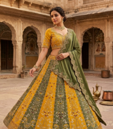 Yellow & Olive Green Embroidered Bridal Lehenga Choli for Women