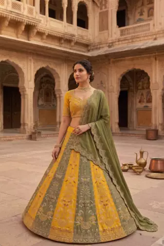 Yellow & Olive Green Embroidered Bridal Lehenga Choli for Women