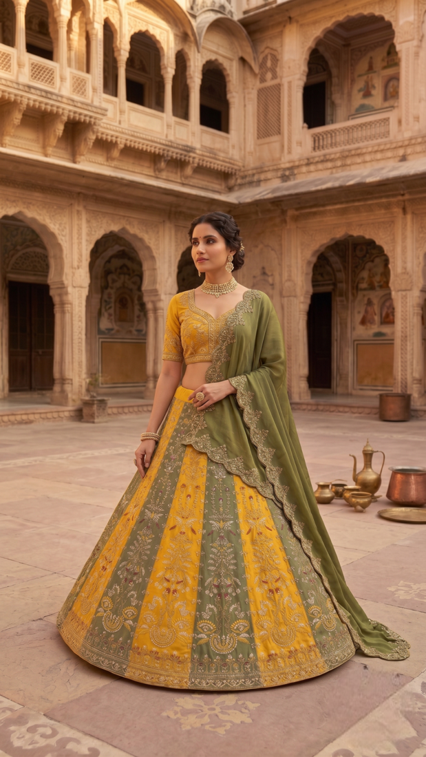 Yellow & Olive Green Embroidered Bridal Lehenga Choli for Women