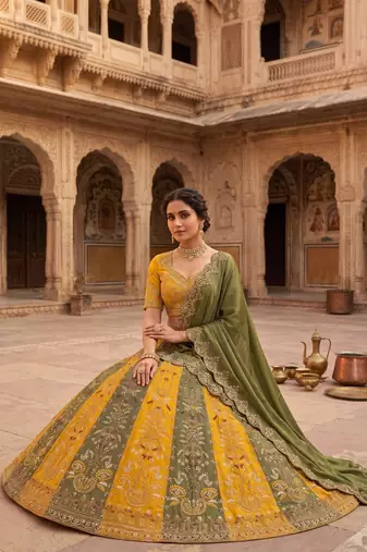 Yellow & Olive Green Embroidered Bridal Lehenga Choli for Women