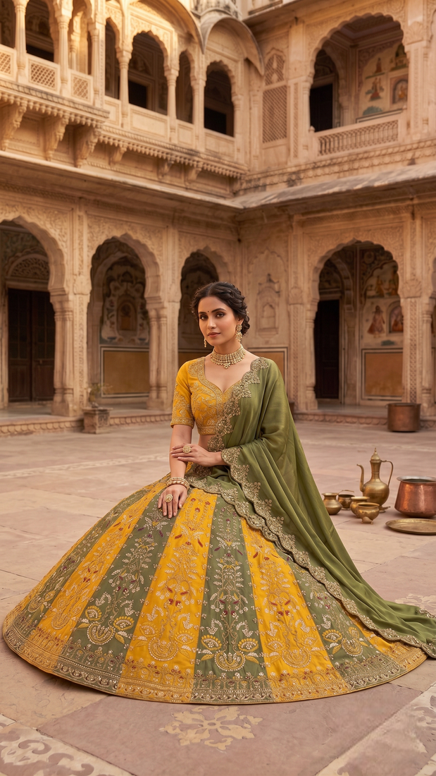 Yellow & Olive Green Embroidered Bridal Lehenga Choli for Women