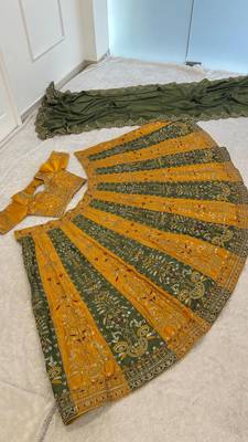 Yellow & Olive Green Embroidered Bridal Lehenga Choli for Women 4