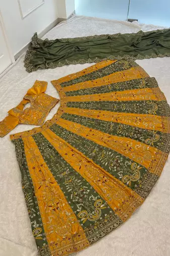Yellow & Olive Green Embroidered Bridal Lehenga Choli for Women